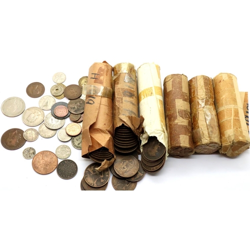 2418 - Collection of Heaton Mint pennies in rolls, some loose coinage with silver. P&P Group 1 (£14+VAT for... 