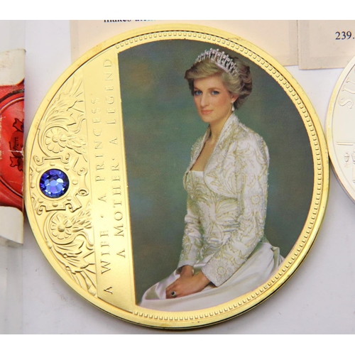 2440 - Two large Swarovski jewelled coins of lady Diana and a Finnish coin. P&P Group 1 (£14+VAT for the fi... 