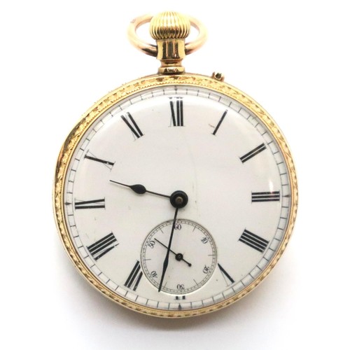 82 - 18ct gold fob watch in good working order, white enamel dial with Roman numerals and subsidiary seco... 