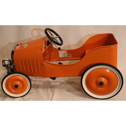 349 - Orange Miffy metal pedal car. 82 cm long, seat 22cm off the ground.  In working order at time of lot... 