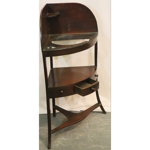 524 - 19thC mahogany corner wash stand, ceramic inserts later replaced with a glass shelf, 43 x 43 x 106 c... 