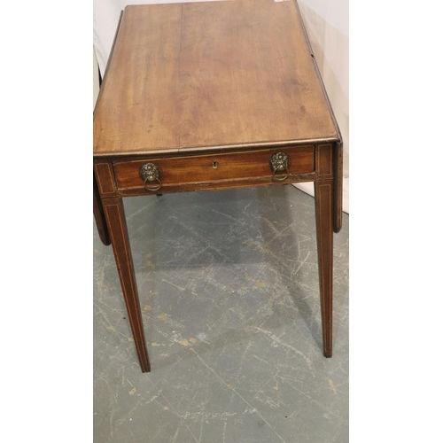 528 - Edwardian inlaid mahogany Pembroke table with single drawer and later fitted handles, 90 x 104 (open... 