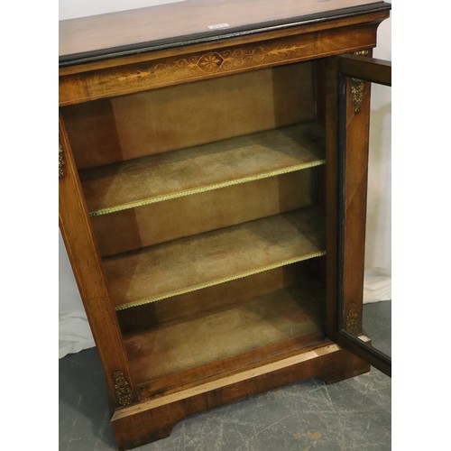 531 - 19thC walnut single door glazed pier cabinet, inlaid and ormolu mounted with two velvet lined shelve... 