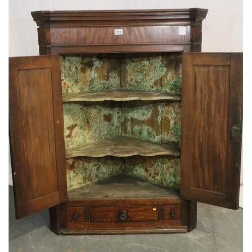 532 - George III mahogany two door corner cupboard with three drawers, W: 87 cm, H: 118 cm. Not available ... 