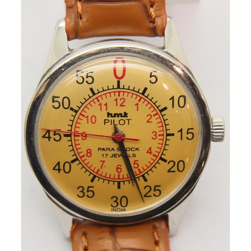 78 - HMT Parashock 17 jewel mechanical pilot wristwatch with seconds hand on a brown leather strap. P&P G... 