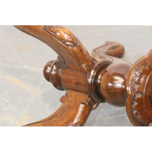 536 - Mid Victorian mahogany fitted sewing table with carved tripod support and octagonal locking lid, H: ... 