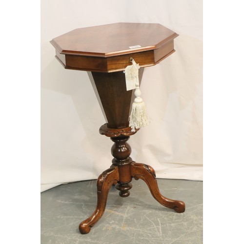 536 - Mid Victorian mahogany fitted sewing table with carved tripod support and octagonal locking lid, H: ... 