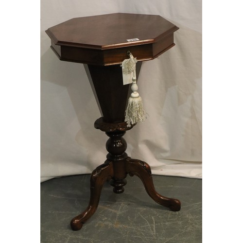 536 - Mid Victorian mahogany fitted sewing table with carved tripod support and octagonal locking lid, H: ... 