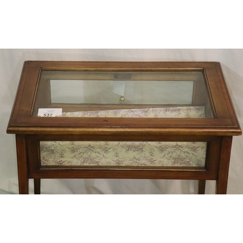 537 - Edwardian inlaid mahogany bijouterie cabinet with locking glazed display lid, four glazed panels and... 