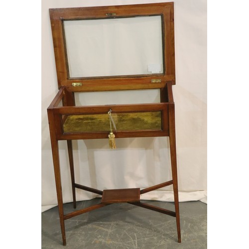 537 - Edwardian inlaid mahogany bijouterie cabinet with locking glazed display lid, four glazed panels and... 