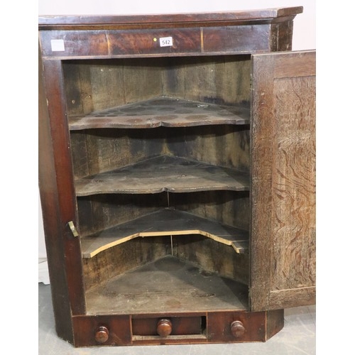 542 - Substantial George III cross banded oak and mahogany corner cupboard with single drawer, W: 93 cm, H... 