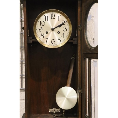 370A - Early 20thC oak case wall clock with glazed pendulum display door. Not available for in-house P&P, c... 