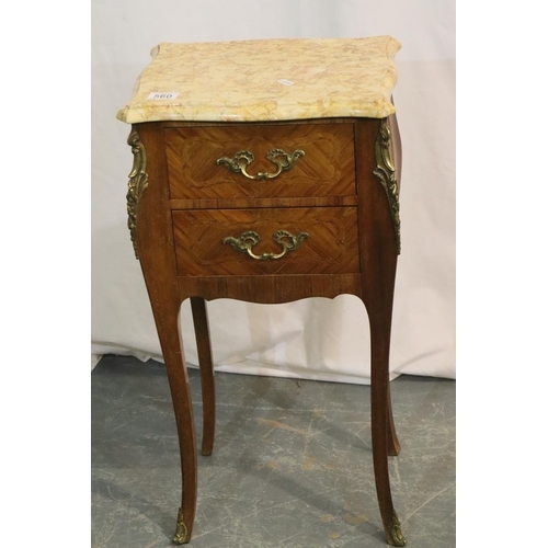 560 - French inlaid kingwood two drawer lamp table with marble top, H: 70 cm. Not available for in-house P... 