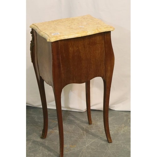 560 - French inlaid kingwood two drawer lamp table with marble top, H: 70 cm. Not available for in-house P... 