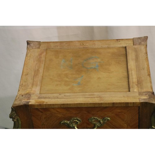 560 - French inlaid kingwood two drawer lamp table with marble top, H: 70 cm. Not available for in-house P... 