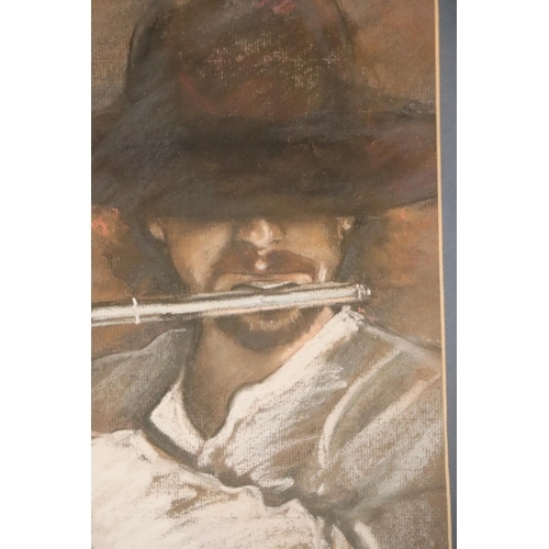 518 - Ann Quinn, framed pastel of a bearded flautist, 43 x 58 cm. Not available for in-house P&P, contact ... 