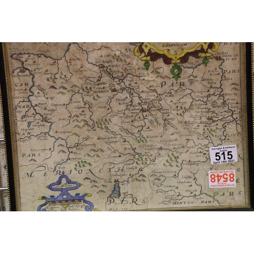 515 - Christopher Saxton/William Kip hand coloured map of Derbyshire, 26 x 32 cm. Not available for in-hou... 