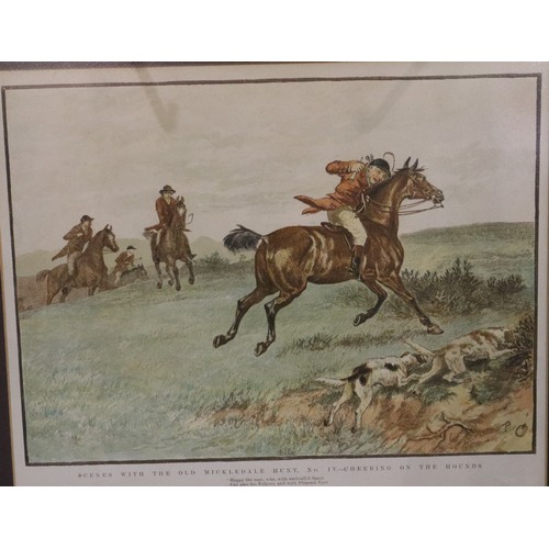 509 - Four framed and glazed prints depicting the old Mickledale hunt to including a good lead at timber, ... 