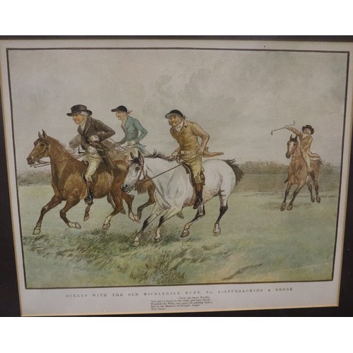 509 - Four framed and glazed prints depicting the old Mickledale hunt to including a good lead at timber, ... 