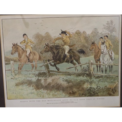 509 - Four framed and glazed prints depicting the old Mickledale hunt to including a good lead at timber, ... 