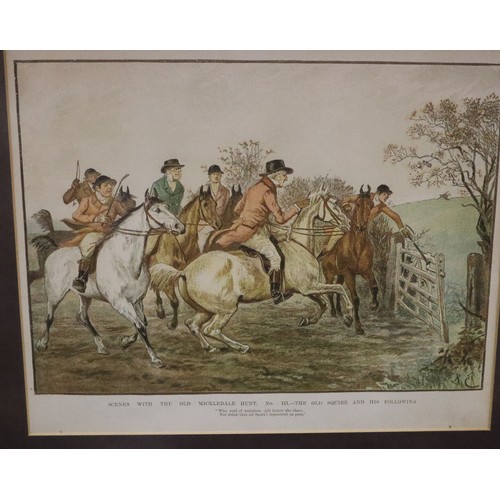 509 - Four framed and glazed prints depicting the old Mickledale hunt to including a good lead at timber, ... 