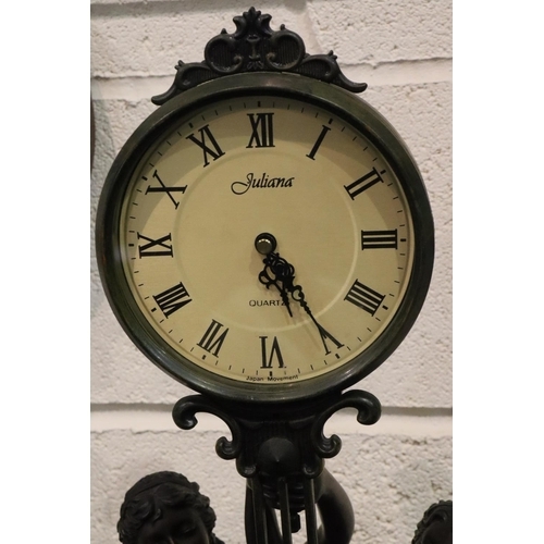 369 - Juliana, contemporary bronze figural table clock with integral pendulum. Not available for in-house ... 