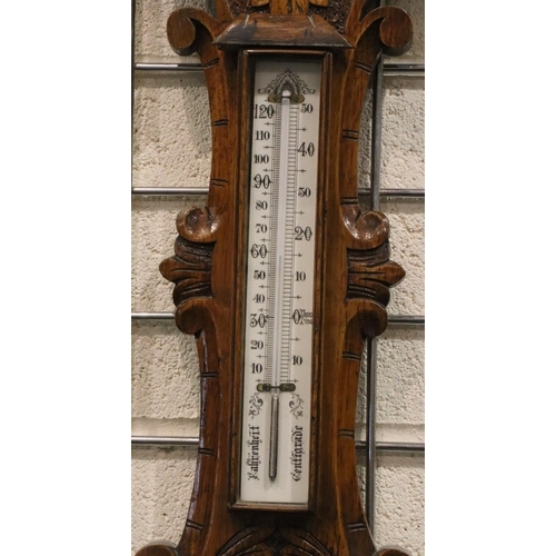 367 - Victorian oak framed aneroid barometer with thermometer. Not available for in-house P&P, contact Pau... 