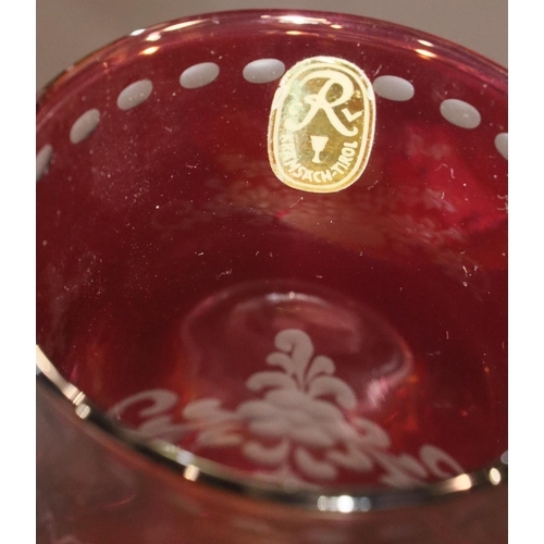 317 - Etched cranberry glass vase, H: 13cm. P&P Group 2 (£18+VAT for the first lot and £3+VAT for subseque... 