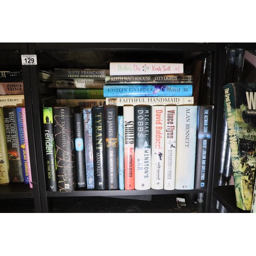 129 - Two shelves of fiction including several first editions. Not available for in-house P&P, contact Pau... 