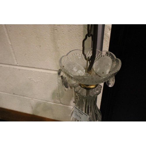 548A - 1920s three branch glass chandelier with an Art Deco mottled glass light shade, D: 37 cm. Not availa... 