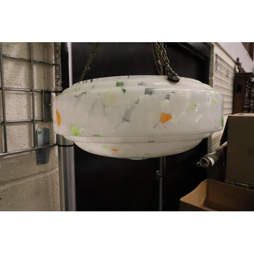 548A - 1920s three branch glass chandelier with an Art Deco mottled glass light shade, D: 37 cm. Not availa... 