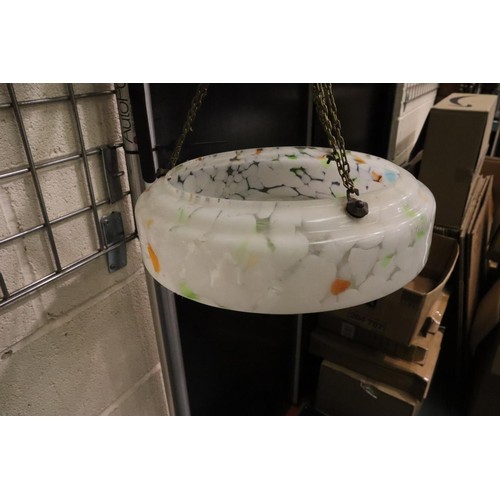 548A - 1920s three branch glass chandelier with an Art Deco mottled glass light shade, D: 37 cm. Not availa... 