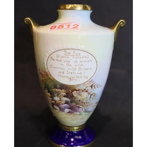 270 - Aynsley Fine Art Collection hand painted and signed twin handled fox vase, H: 19 cm. P&P Group 2 (£1... 