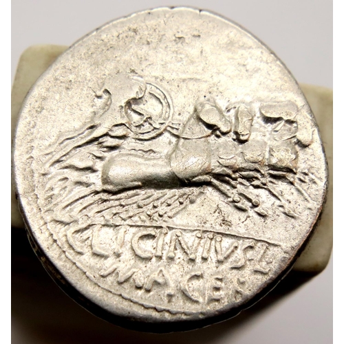 3133 - 84BC - Roman Silver Denarius of the Republic - C. Licinius Macer with Quadrigata. P&P Group 1 (£14+V... 