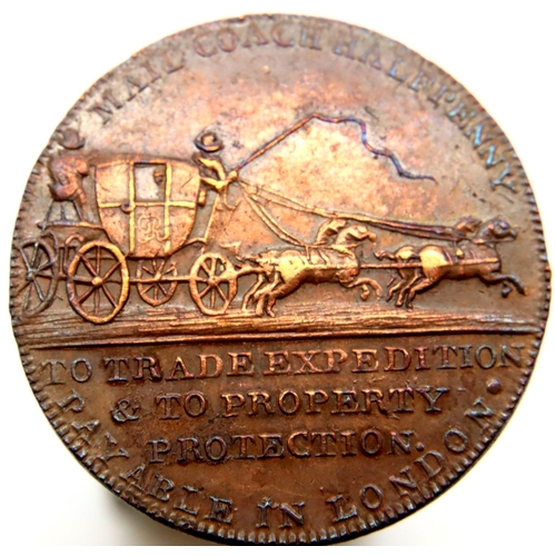 3193 - 1791 - Long Mail Coach Half penny token. P&P Group 1 (£14+VAT for the first lot and £1+VAT for subse... 