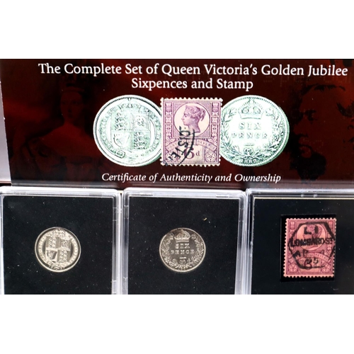 3237 - London Mint Office - Victoria's Golden Jubilee Sixpences and Stamp set, comprising the 1887 withdraw... 