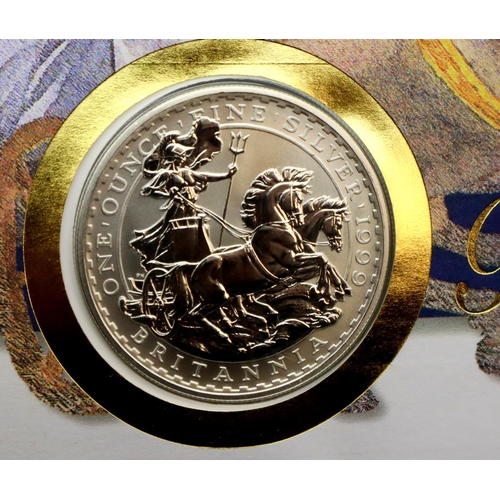 3231 - 1999 - 1oz Silver Britannia 5 Pounds coin cover, also affixed with a £10.00 Britannia stamp. P&P Gro... 