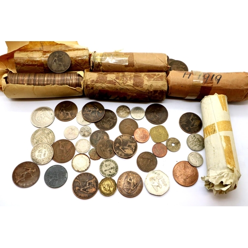 3232 - Collection of Heaton Mint pennies in rolls, some loose coinage with silver. P&P Group 1 (£14+VAT for... 