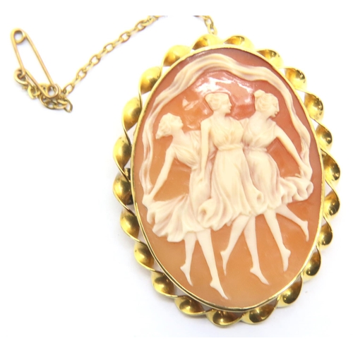 63 - 9ct yellow gold Three Graces cameo brooch with safety chain, L: 45 mm, 9.5g. P&P Group 1 (£14+VAT fo... 