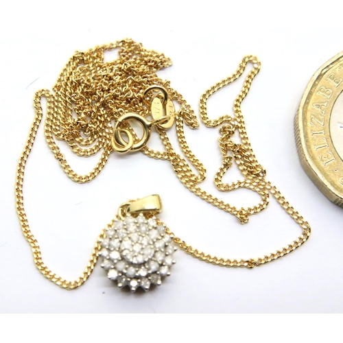 87 - 9ct gold chain with diamond cluster pendant, 2.6g. P&P Group 1 (£14+VAT for the first lot and £1+VAT... 