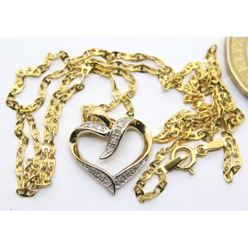 88 - 9ct gold chain heart shaped pendant and diamonds, 2g. P&P Group 1 (£14+VAT for the first lot and £1+... 