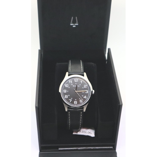 103 - Boxed gents Bulova black dial date wristwatch on leather strap, new and boxed. P&P Group 1 (£14+VAT ... 