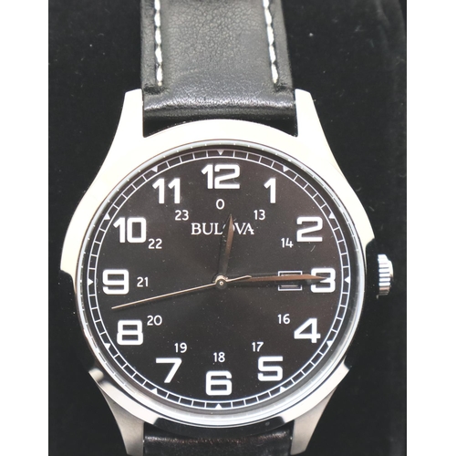 103 - Boxed gents Bulova black dial date wristwatch on leather strap, new and boxed. P&P Group 1 (£14+VAT ... 