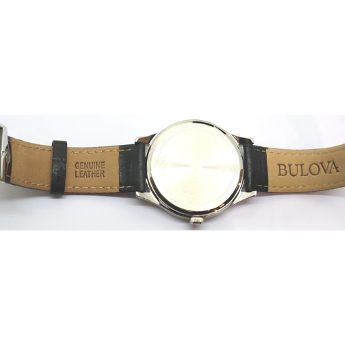 103 - Boxed gents Bulova black dial date wristwatch on leather strap, new and boxed. P&P Group 1 (£14+VAT ... 