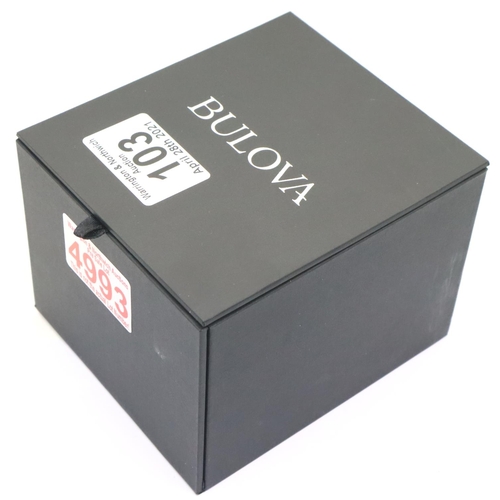 103 - Boxed gents Bulova black dial date wristwatch on leather strap, new and boxed. P&P Group 1 (£14+VAT ... 