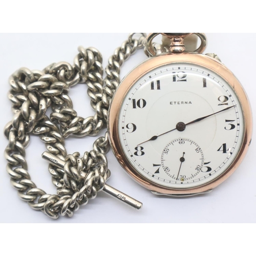 112 - Eterna silver and gold pocket watch 75g (working at lotting) and a silver double albert chain 65g. P... 