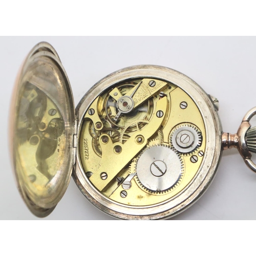 112 - Eterna silver and gold pocket watch 75g (working at lotting) and a silver double albert chain 65g. P... 