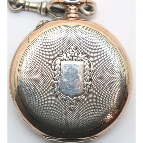 112 - Eterna silver and gold pocket watch 75g (working at lotting) and a silver double albert chain 65g. P... 