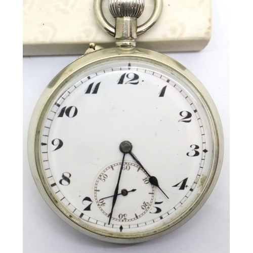 113 - White metal crown wind pocket watch. Working at lotting. P&P Group 1 (£14+VAT for the first lot and ... 