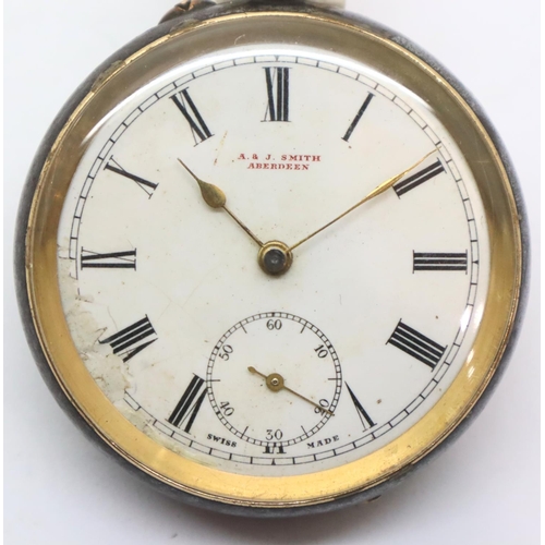 115 - Gunmetal and gold plated crown wind pocket watch by A&J Smith Aberdeen. P&P Group 1 (£14+VAT for the... 